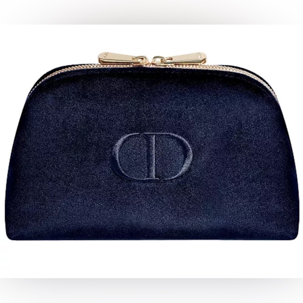 Dior Christian Dior Blue Velvet Goldtone Logo’d Zipper Pouch Clutch - New